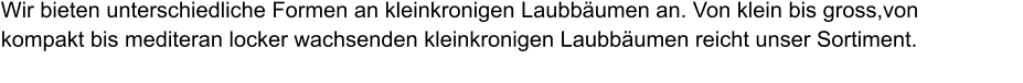 Wir bieten unterschiedliche Formen an kleinkronigen Laubbäumen an. Von klein bis gross,von kompakt bis mediteran locker wachsenden kleinkronigen Laubbäumen reicht unser Sortiment.